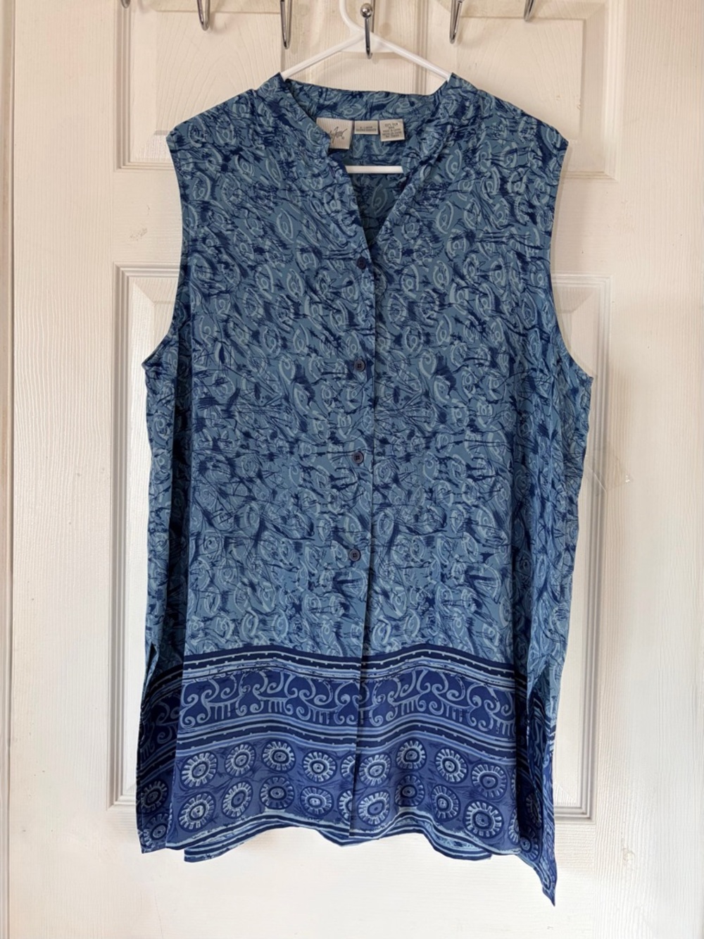 Jacqueline Ferrar 100% Silk Women Blue Patterned Sleeveless Button Front Top XL